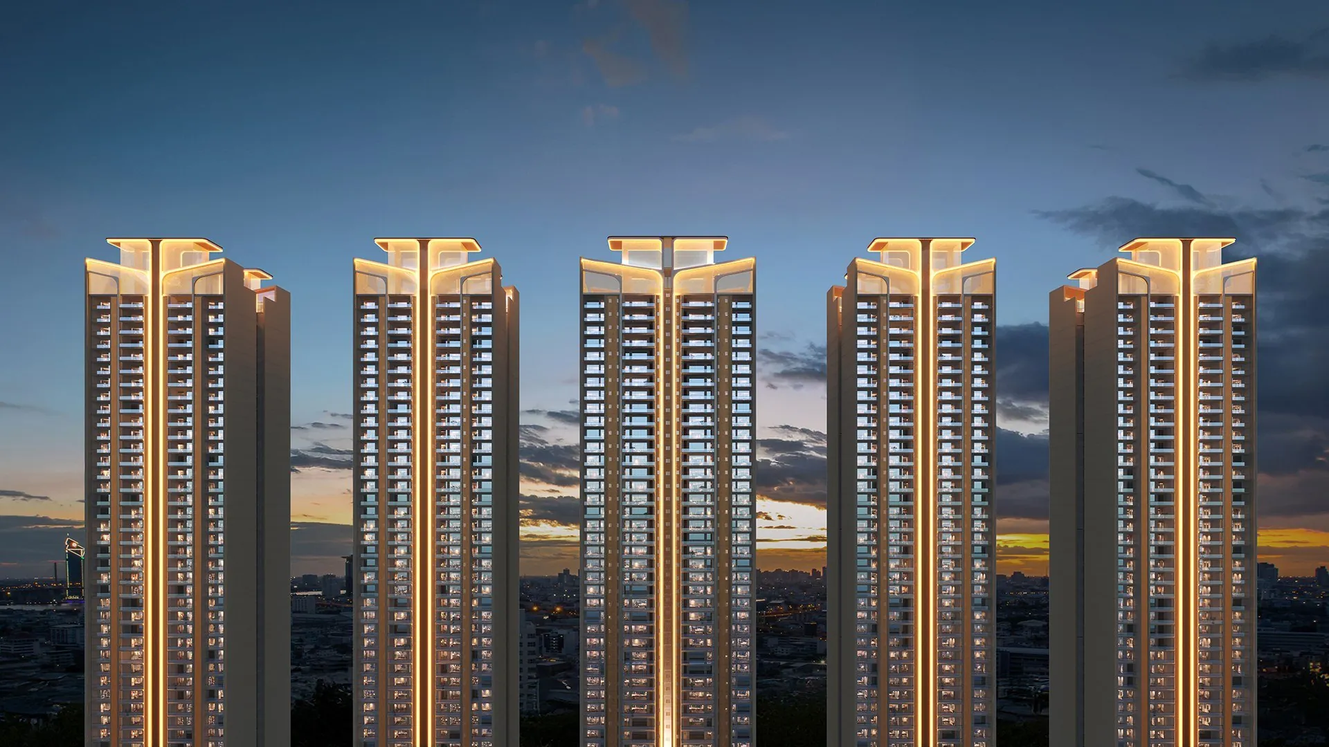 Suncity Monarch Residences — Five towers at dusk, exterior render