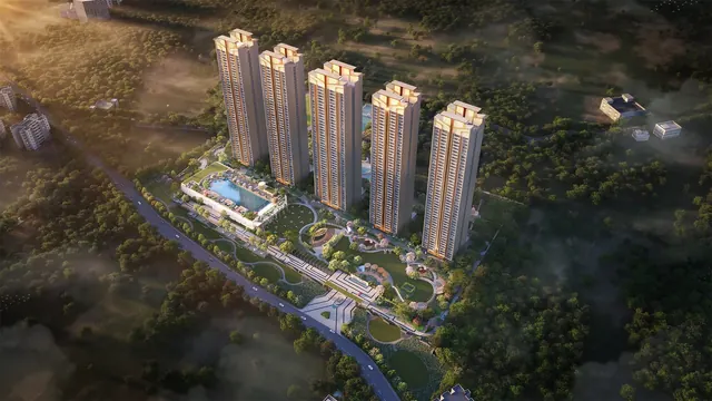 Suncity Monarch Residences — Aerial view of towers, clubhouse and greens