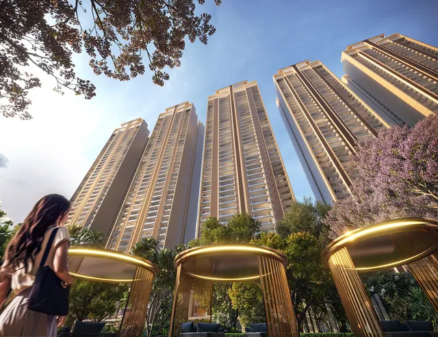 Suncity Monarch Residences — Worm's-eye view of towers from landscaped walk