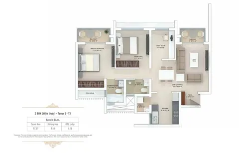 Tata Gurgaon Gateway 2BHK + Study + Private Garden floor plan