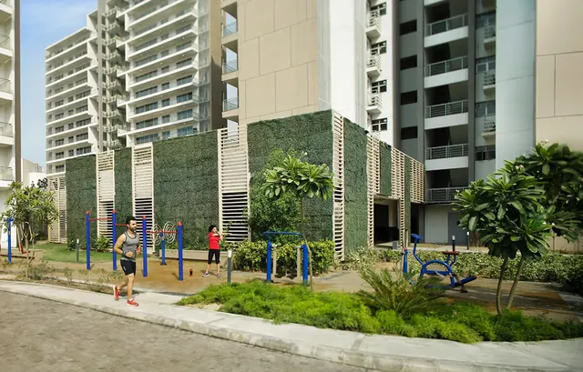 Tata Gurgaon Gateway — outdoor gym under towers (actual photo)