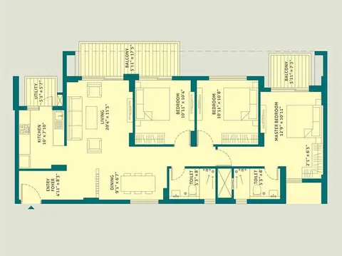 Tata La Vida 3BHK Compact floor plan