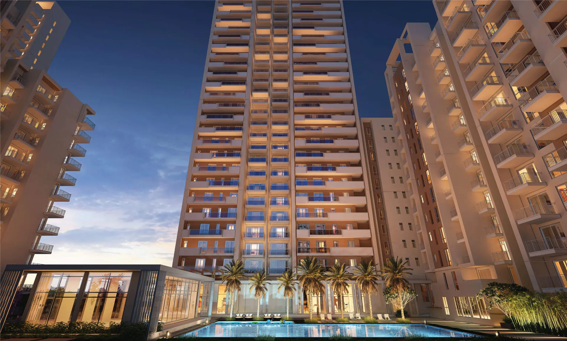 Tata La Vida — towers at dusk with pool (render)