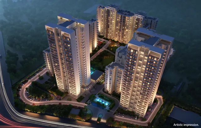 Tata La Vida — aerial view of towers at night (render)