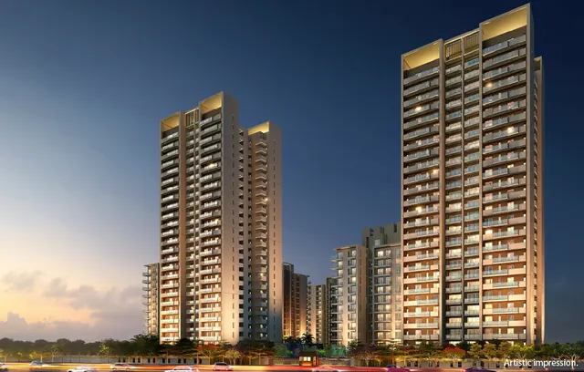 Tata La Vida — towers elevation at dusk (render)
