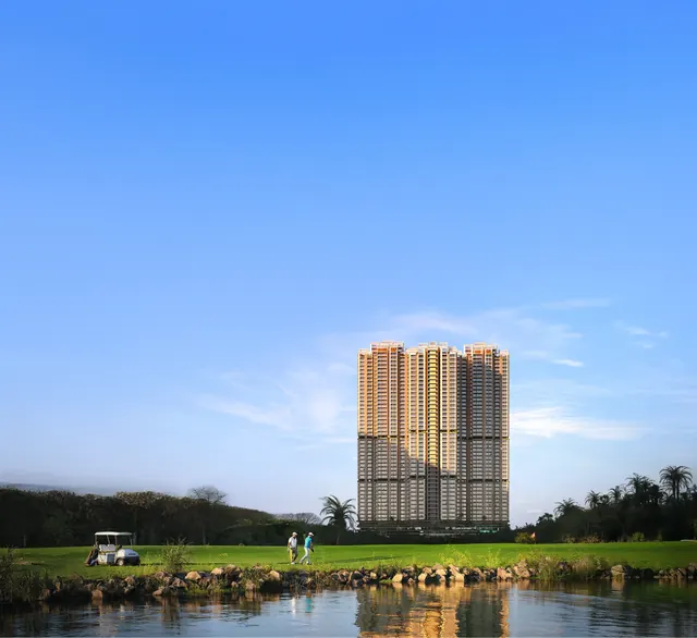 Trehan Iris Omara — towers seen across golf course lake (render, near-square 2732x2500)