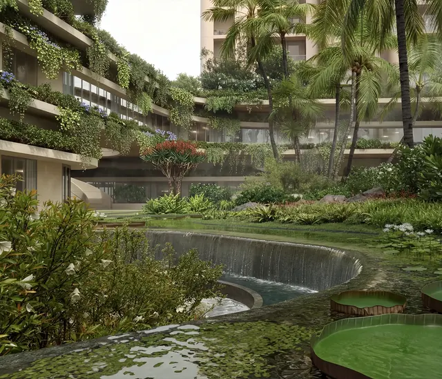 Trehan Iris Omara — tropical landscaped podium with water features (render)