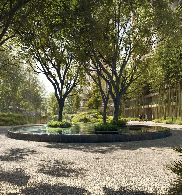 Trehan Iris Omara — landscaped arrival court with trees (render)