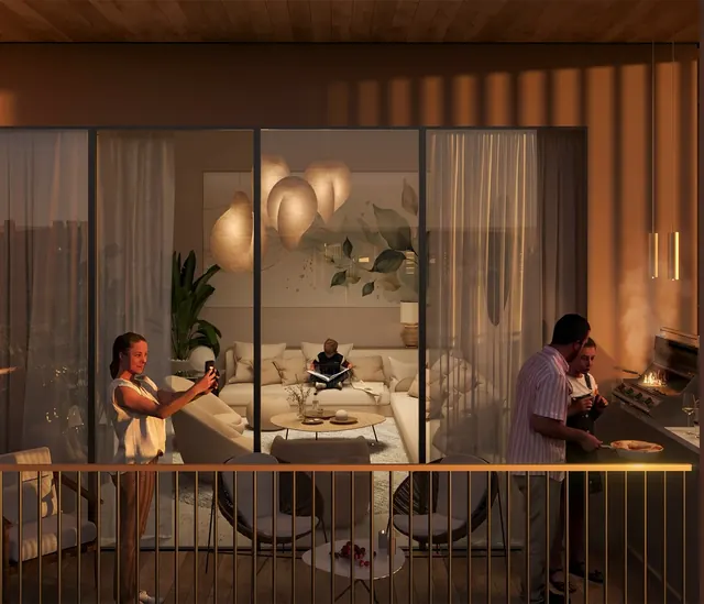 Trehan Iris Omara — apartment deck at dusk (render)