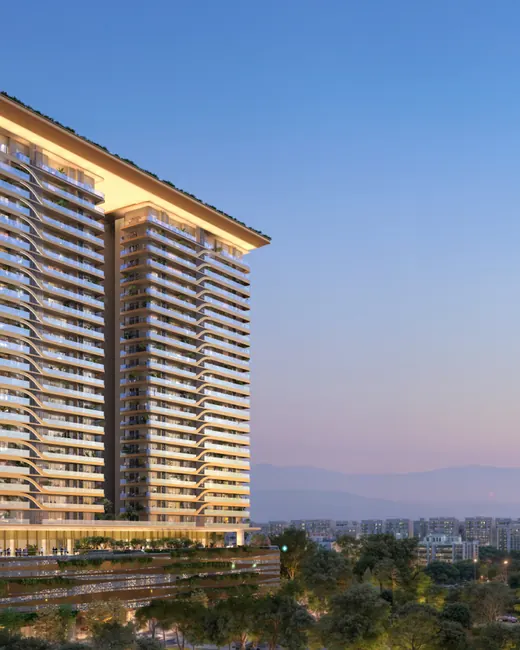 TREVOC Royal Residences — tower at dusk with landscape (render)