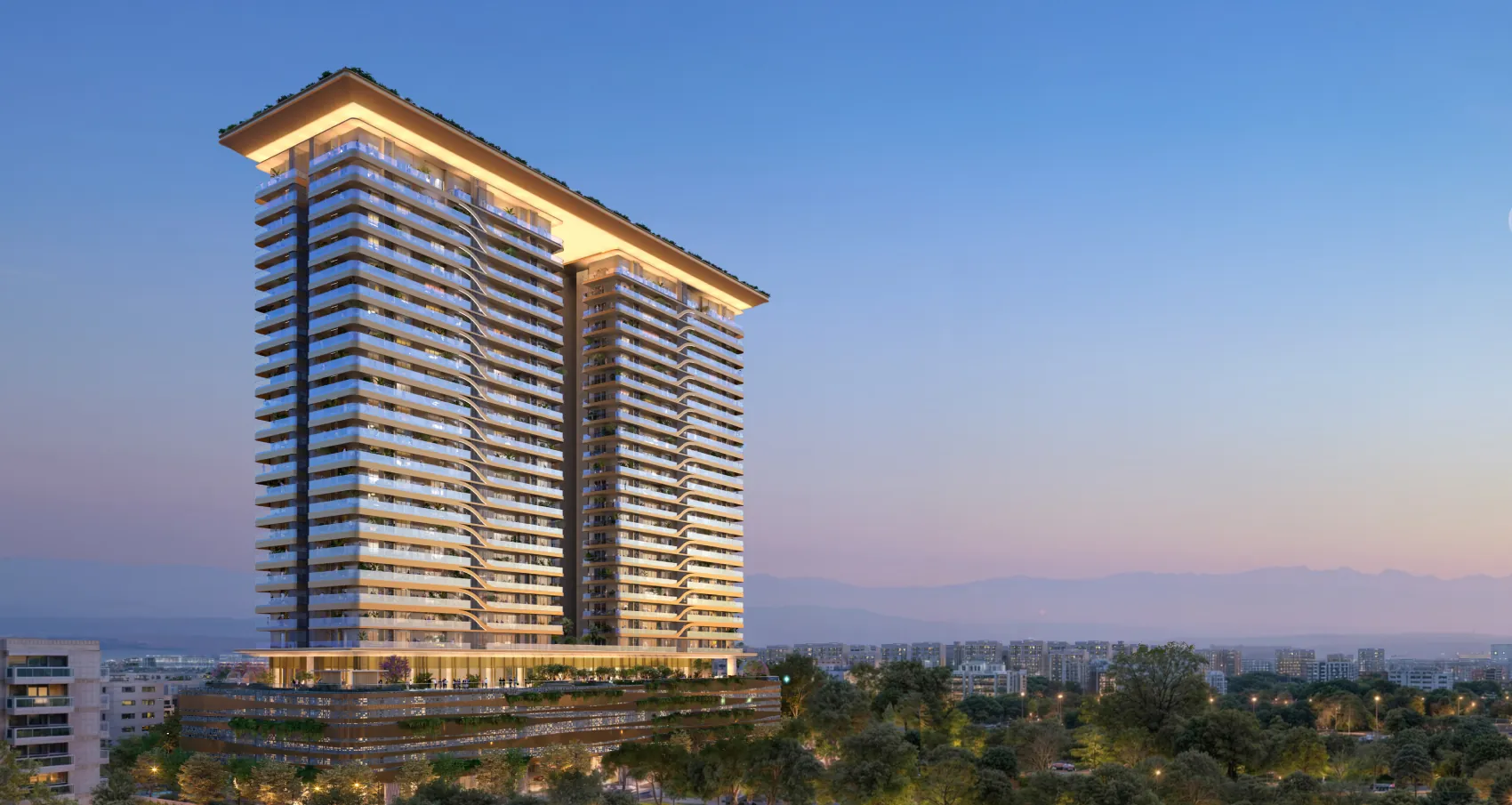 TREVOC Royal Residences — tower at dusk with landscape (render)