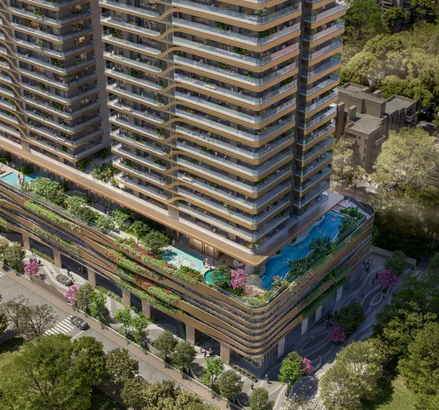 TREVOC Royal Residences — tower base with podium pool (render)