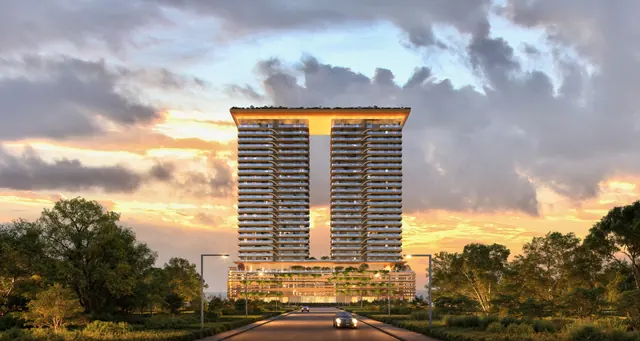 TREVOC Royal Residences — tower at sunset from approach road (render)