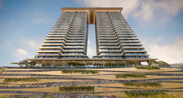 TREVOC Royal Residences — tower front elevation with terraced podium (render)