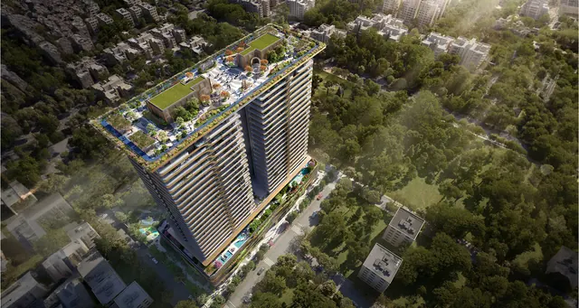 TREVOC Royal Residences — aerial day view with rooftop skydeck (render)
