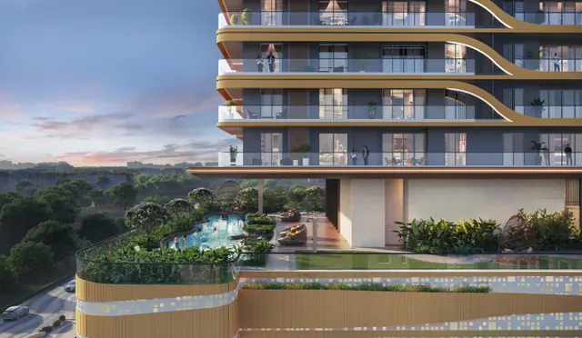 TREVOC Royal Residences — podium pool and tower balconies (render)