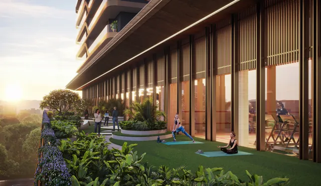 TREVOC Royal Residences — clubhouse terrace lawn and gym (render)
