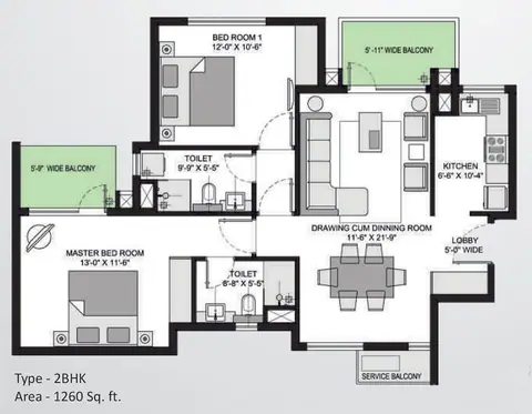 Umang Winter Hills 2 BHK+2T floor plan