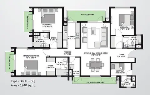 Umang Winter Hills 3 BHK+SQ floor plan