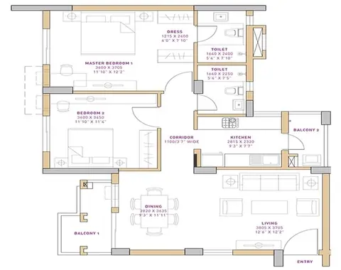 Vatika The Seven Lamps 2 BHK floor plan