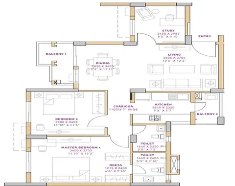 Vatika The Seven Lamps 2BHK+ Study(A) floor plan