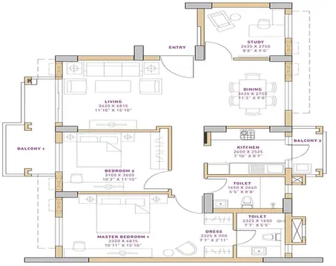 Vatika The Seven Lamps 2BHK+ Study(B) floor plan