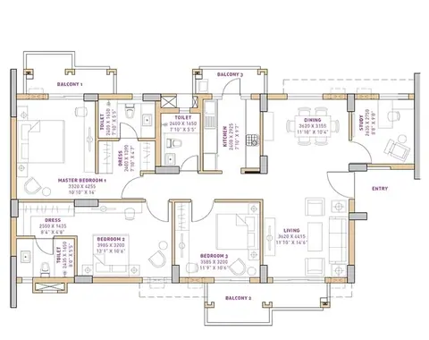 Vatika The Seven Lamps 3BHK with Study floor plan