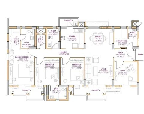 Vatika The Seven Lamps 3BHK+ S+ SQ floor plan