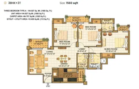 Vipul Lavanya 3BHK floor plan