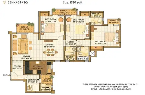 Vipul Lavanya 3BHK+Servant floor plan