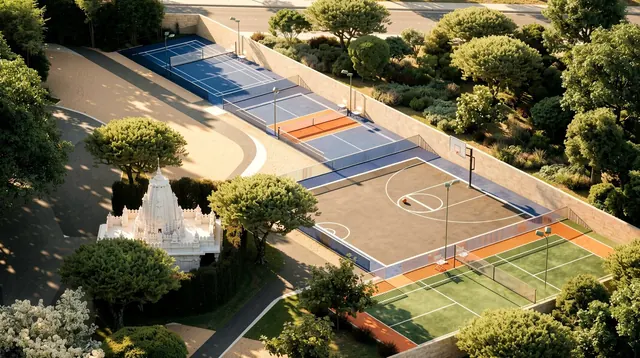 WAL Serenia 92 — Aerial view of sports courts and temple