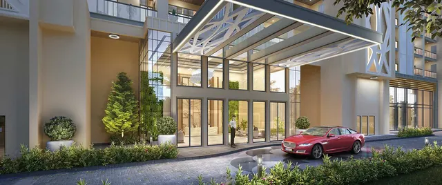 Whiteland The Aspen — tower entrance drop-off (render)