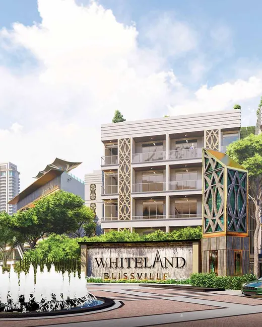 Whiteland Blissville — entrance with fountain and low-rise blocks (render, 1920px)