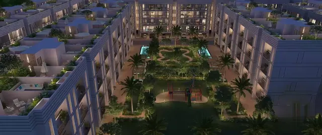Whiteland Blissville — central courtyard at night aerial (render)