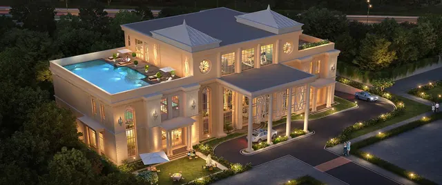 Whiteland Blissville — clubhouse with rooftop pool at night (render)