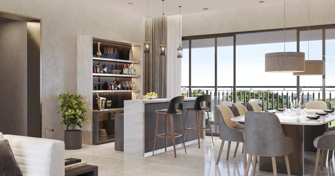 Open living and dining room with large windows
